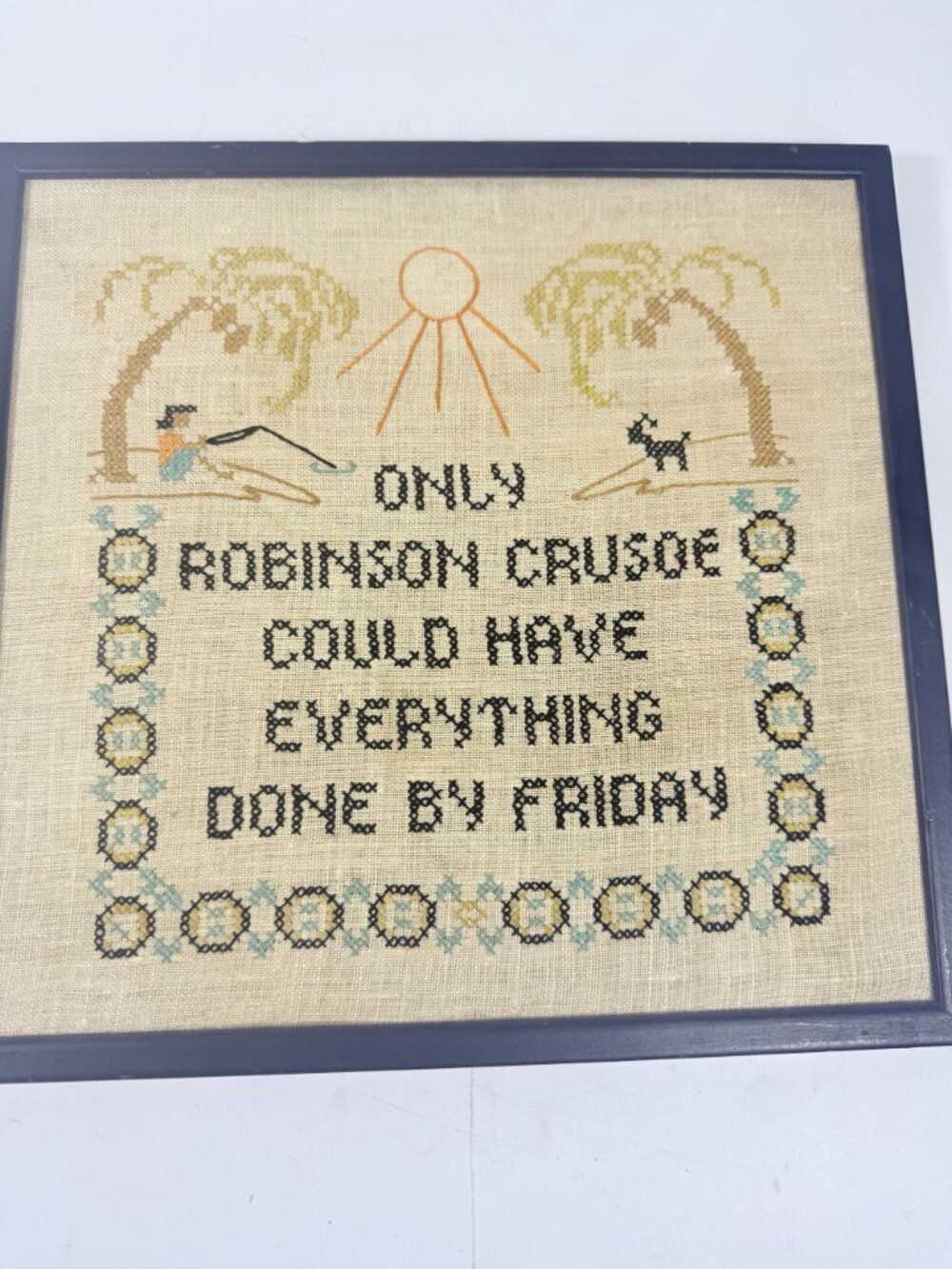 Framed Needlwork Cross Stitch Humor Only Robinson Crusoe Could Have Everything D - Picture 5 of 15